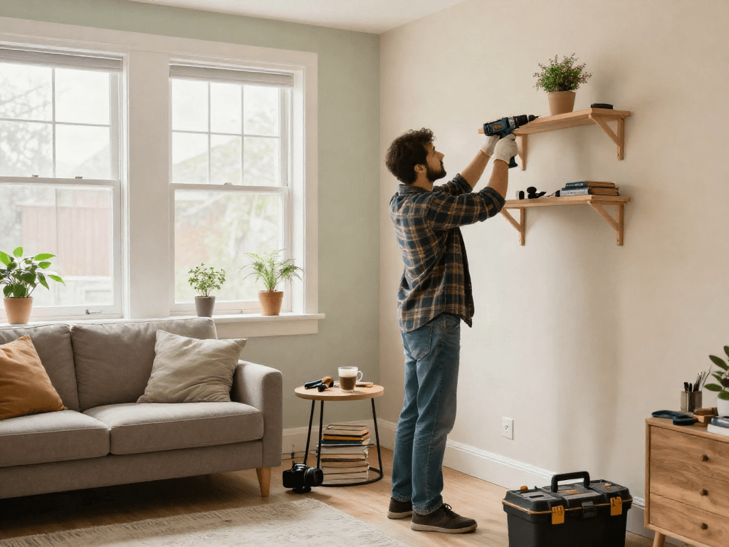 Home repair services Des Moines Iowa with handyman installing shelves in a cozy living room