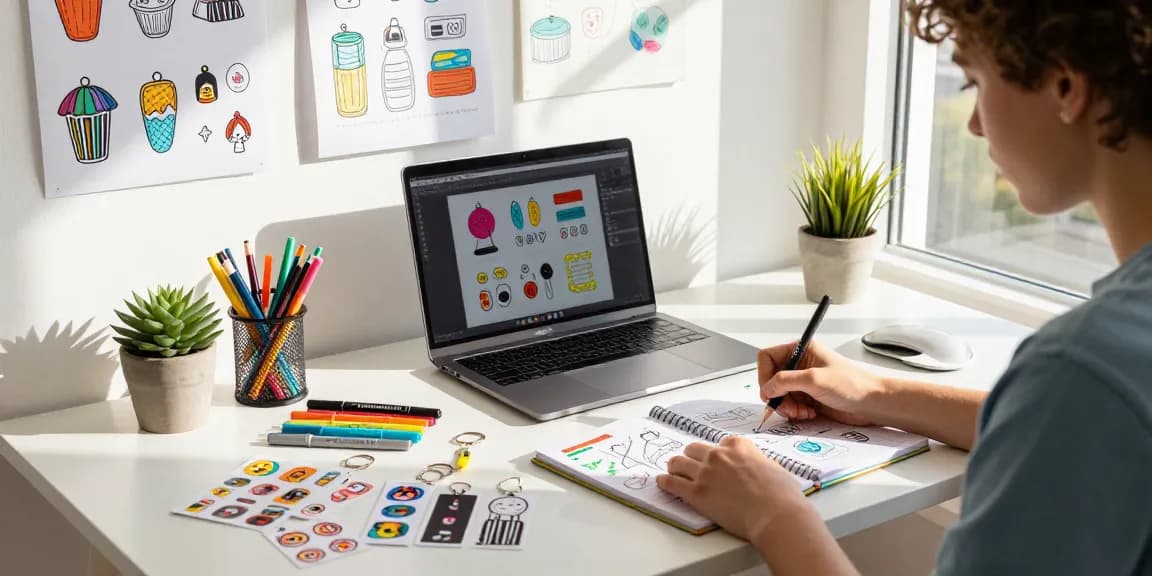 Young designer sketching in custom printed notebooks amid vibrant art supplies and merchandise samples, inspiring creative workspace.