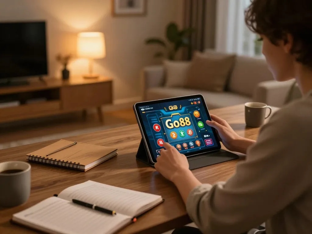 Người dùng tận tâm chơi ứng dụng casino Go 88 trên máy tính bảng trong không gian ấm cúng tại nhà, thể hiện thói quen chơi game có trách nhiệm