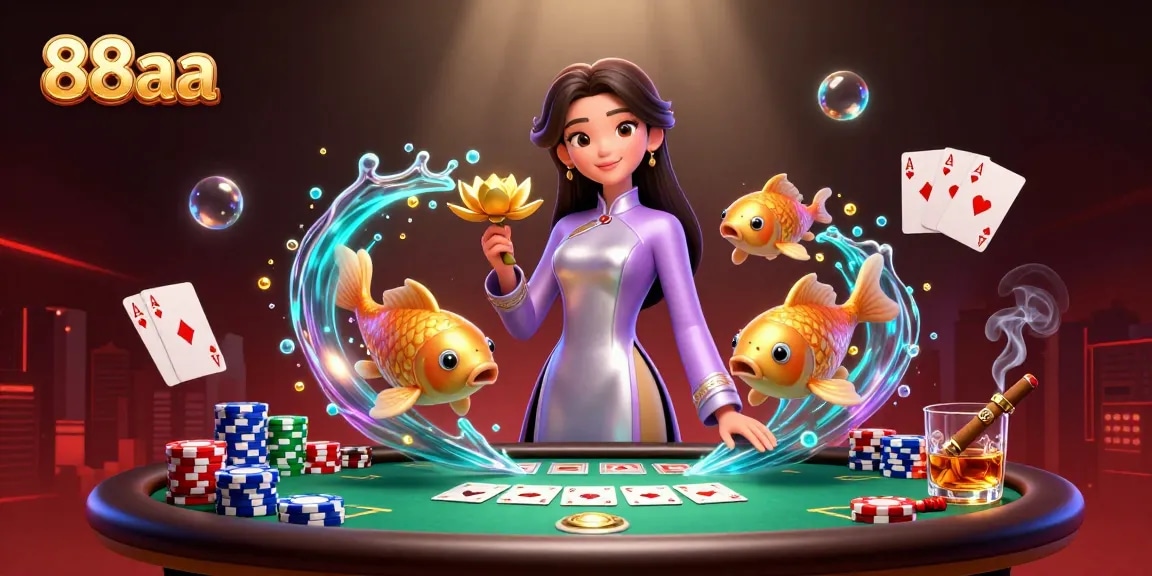 Experience the thrill of poker with 88aa as an elegant woman holds a golden lotus surrounded by vibrant game elements.