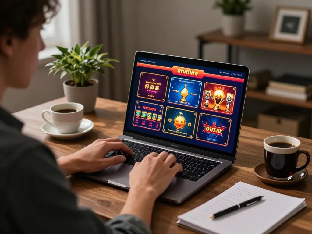 TK999 user engaging in responsible online gaming with laptop setup at home
