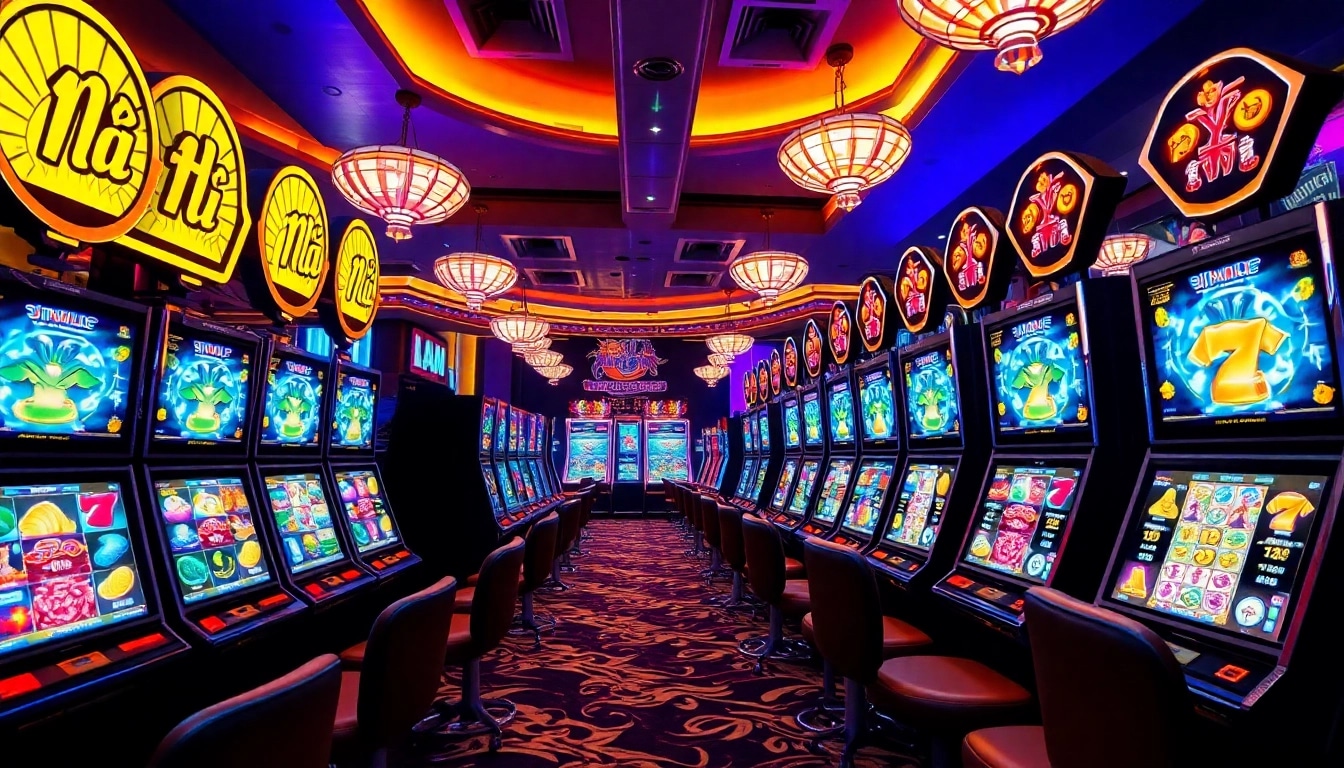 Nổ Hũ gaming experience with vibrant slot machines in a modern digital casino atmosphere.