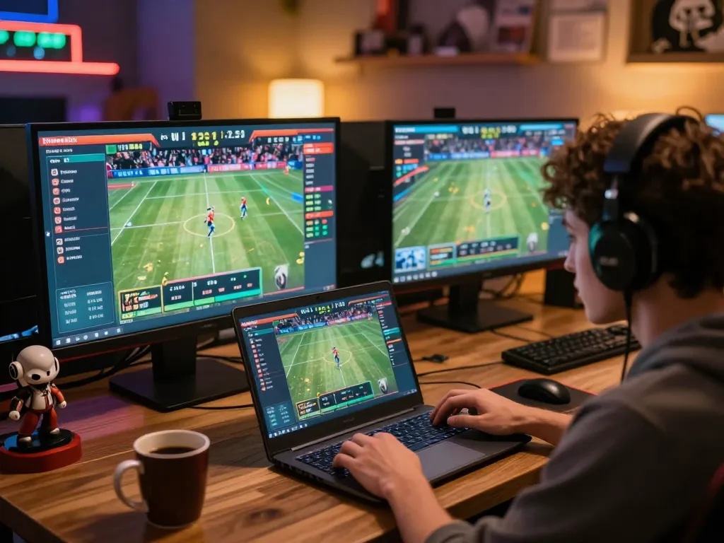 Engaging in live sports betting on MMOO platform with laptop and game stats visible.