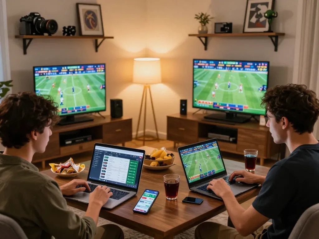 Players engage in sports betting via FC88 app on digital devices in a cozy home setting