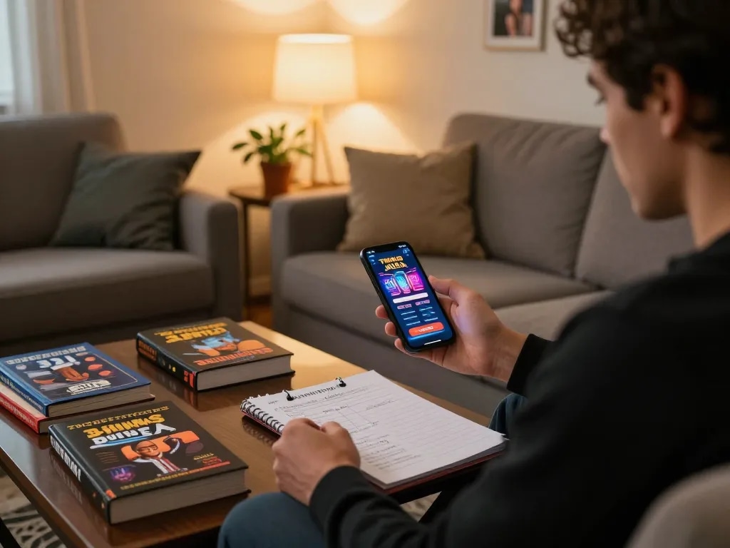 TWIN68 app showcases online gaming strategy as a player enjoys a cozy home setup.