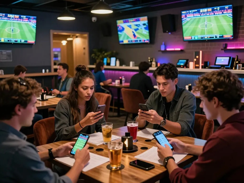 Engaged sports bettors analyzing real-time odds at DEBET betting lounge during a live event.