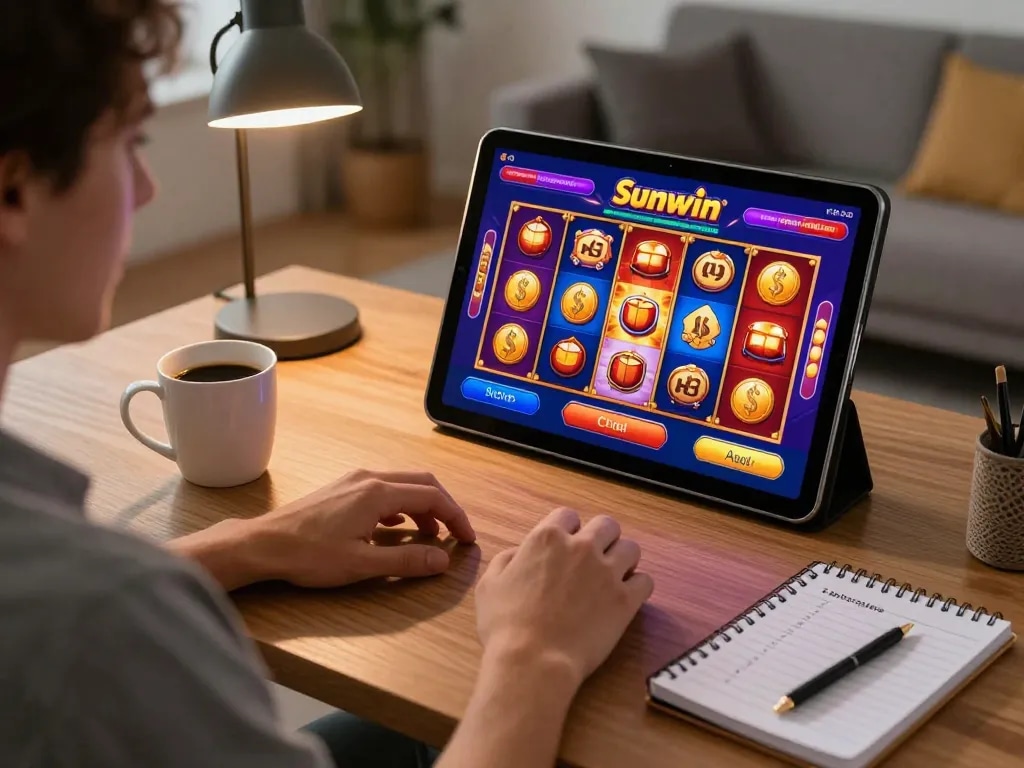 Engaged player using Sunwin app on tablet for an exciting online gambling experience