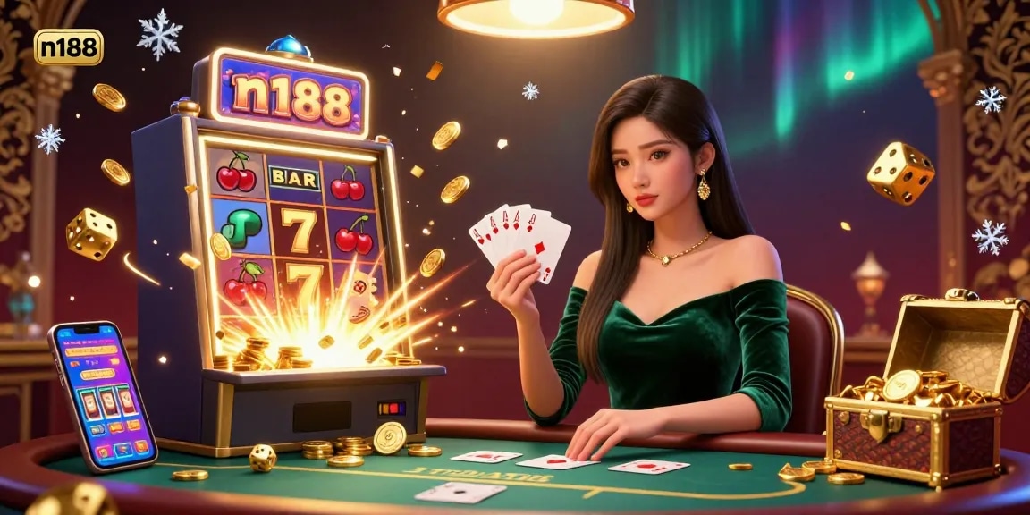 Win big with n188 at a luxurious poker table, surrounded by vibrant casino elements and excitement.