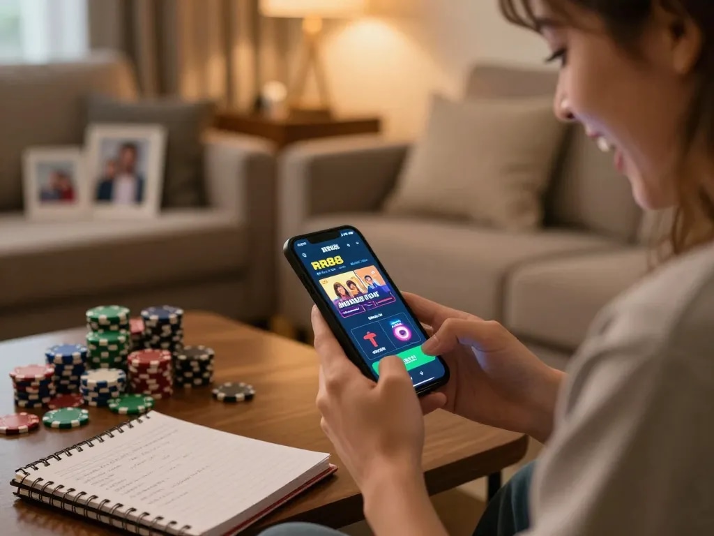 Engaging moment using RR88 APP for online gambling on smartphone in cozy living room