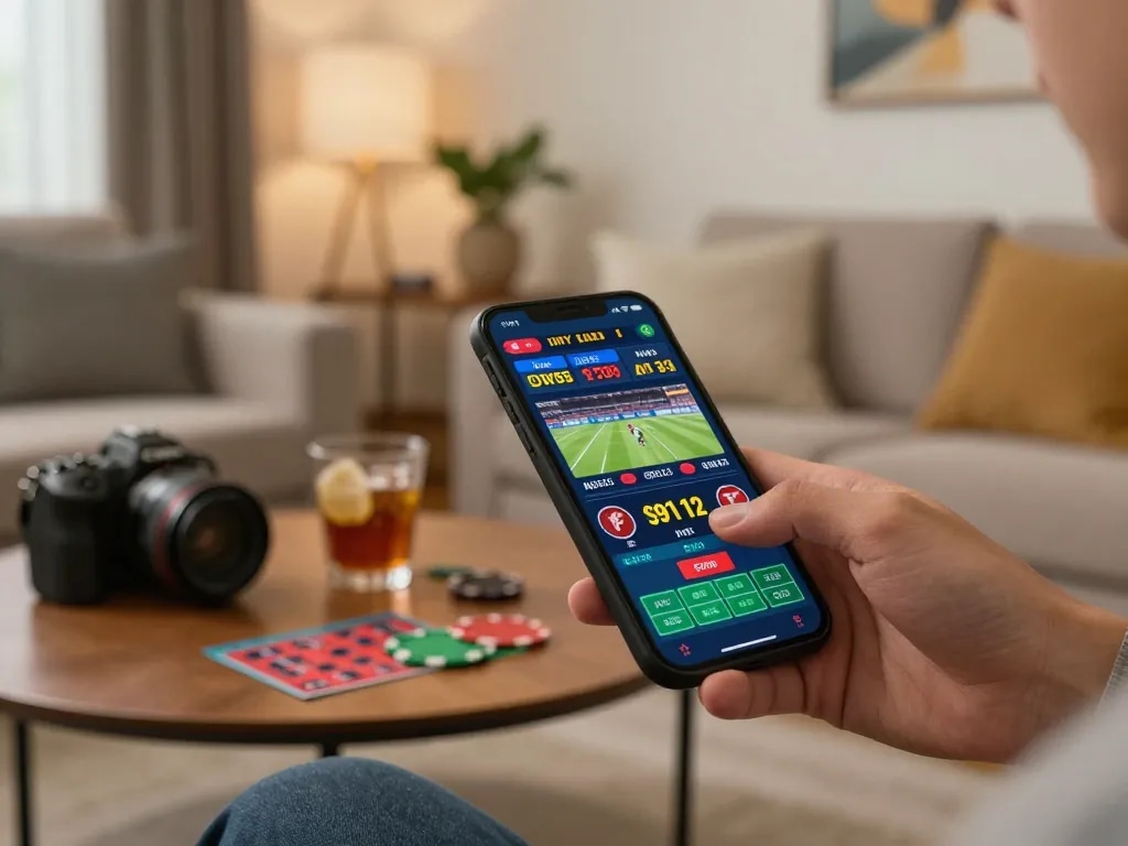 FC88 sports betting on a smartphone in a modern home setting, illustrating excitement and strategy.