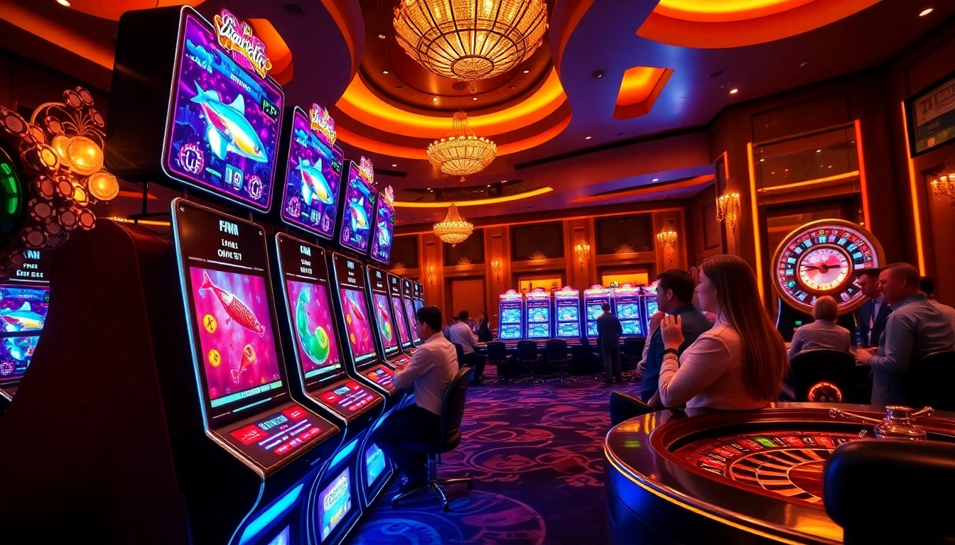 Bắn cá đổi thưởng involves excited players in a vibrant casino, aiming at colorful fish with glowing screens.