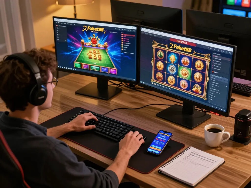Engaging moment of a player enjoying Fabet88 on multiple screens, showcasing vibrant slot game graphics.