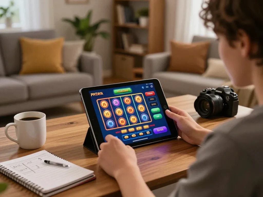 PHTAYA app interface visible on tablet as a player places bets in a cozy home setting