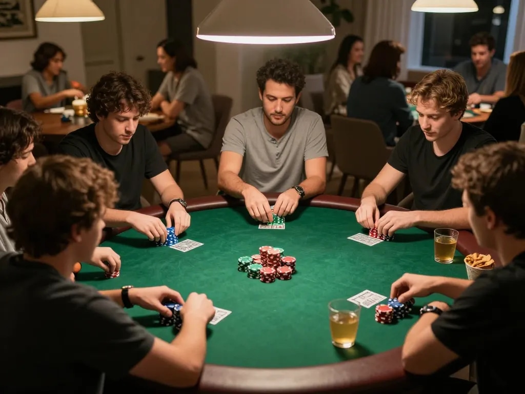 Fly88 players enjoying a lively poker game at home with vibrant chips and warm lighting.