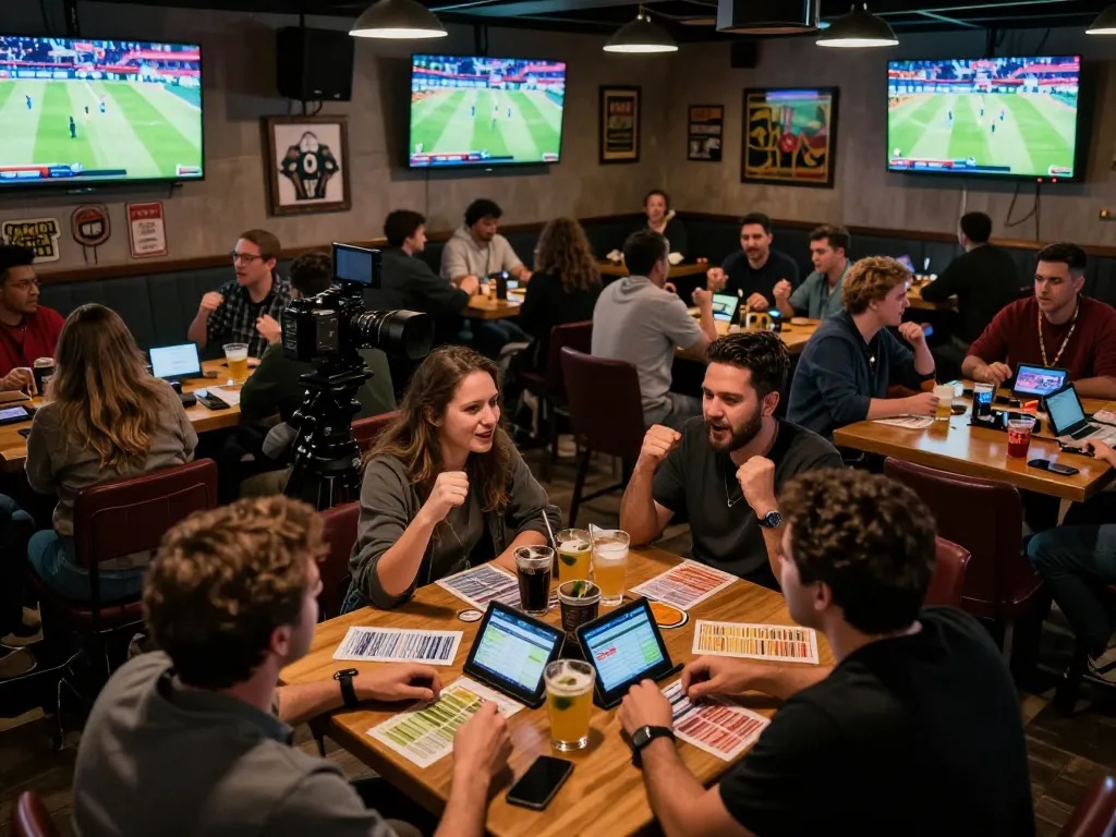 Analyzing betting strategies and latest odds for sports events at a lively bar while enjoying the excitement of being a part of it, nhan dinh keo nha cai