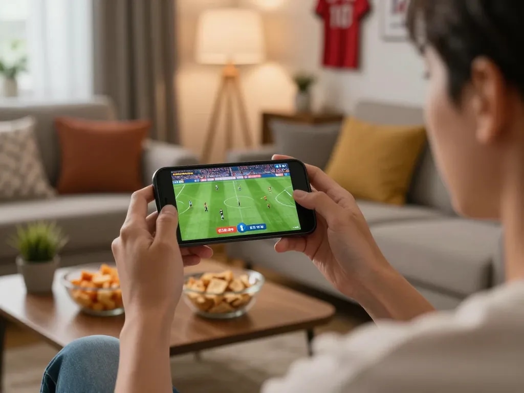 Watching live football on Cakhia TV app while relaxing at home with snacks.