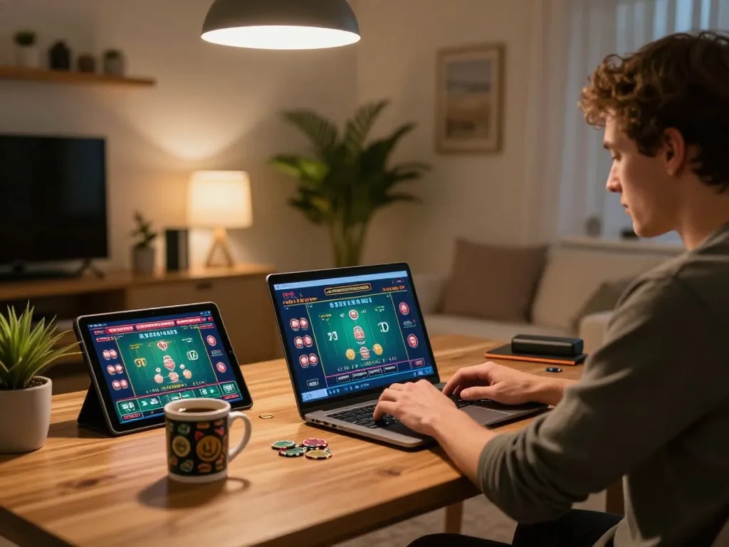 Engaged player participating in online casino gaming at home, showcasing da88 interface on laptop.