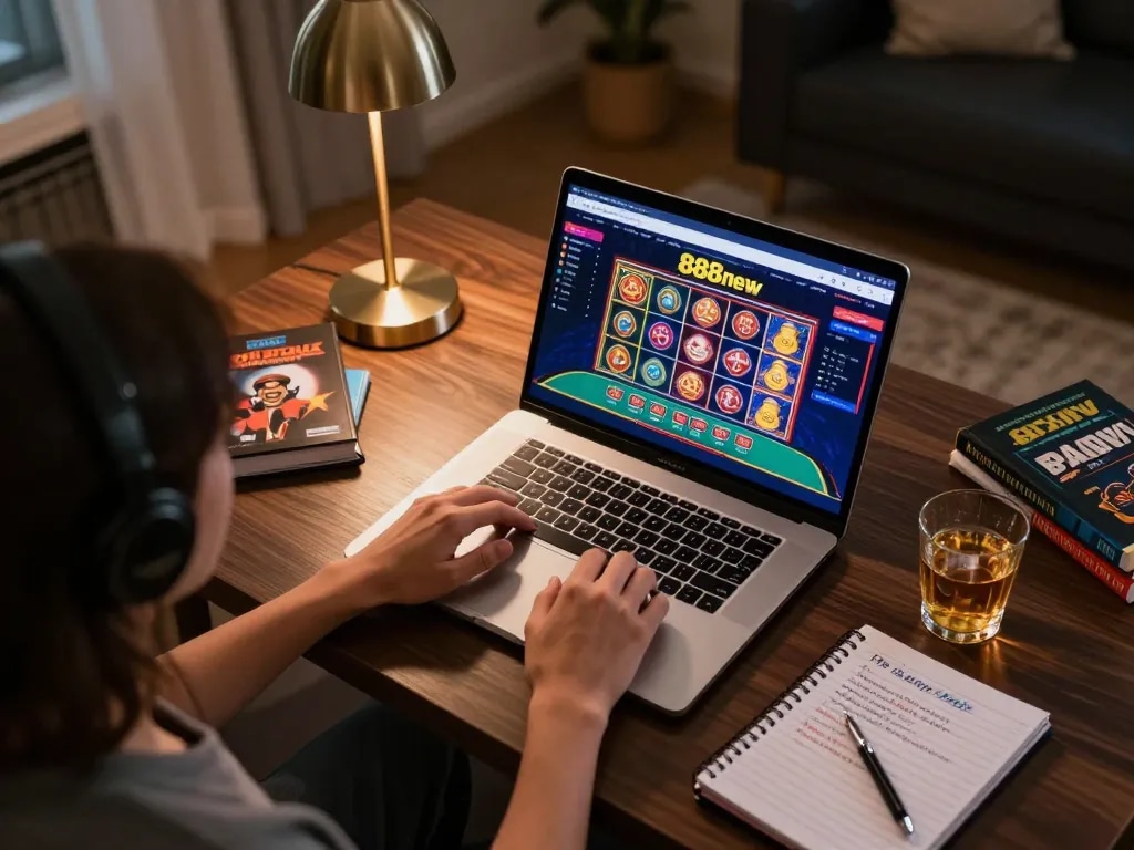 Player engaging in online gaming at 888new platform with vibrant slots and poker visuals