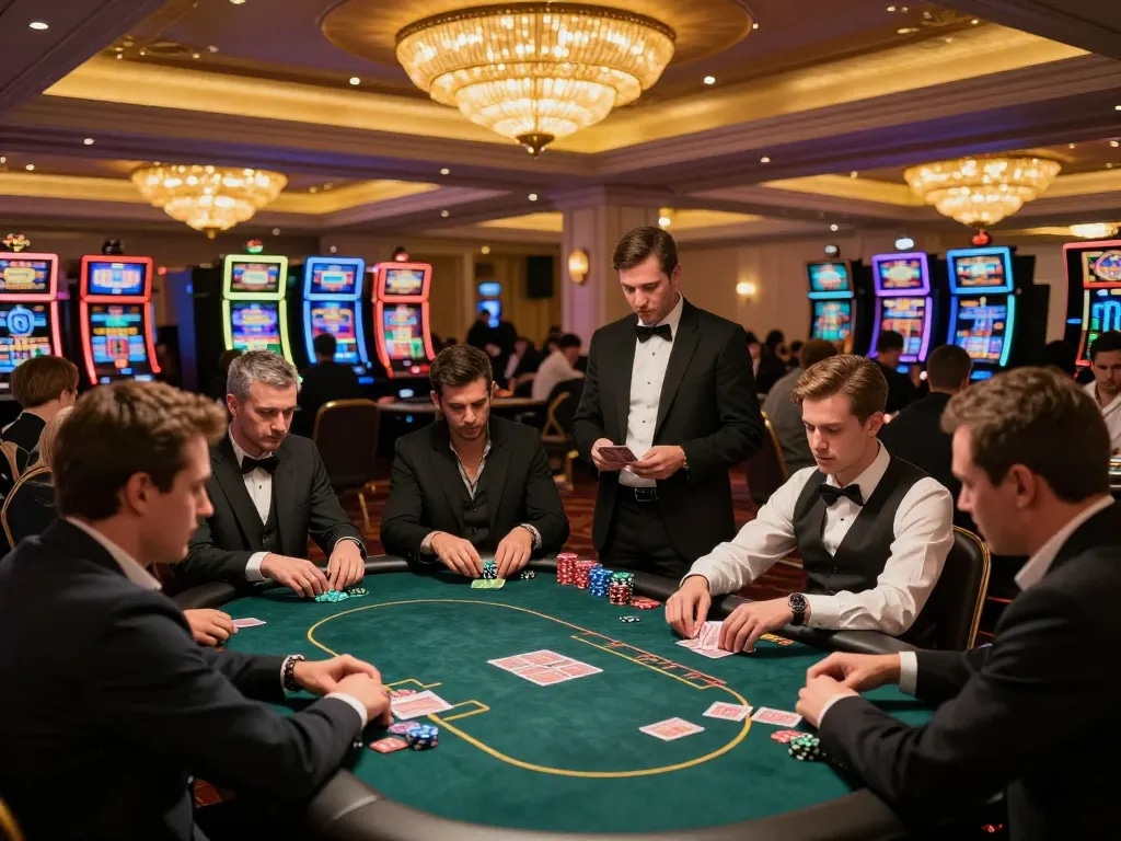 Players at 789betviet engage in intense poker gameplay at a high-stakes table, showcasing competitive spirit.