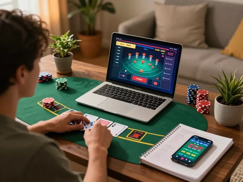 lode88 player engaged in live blackjack strategy at home during cozy gaming session