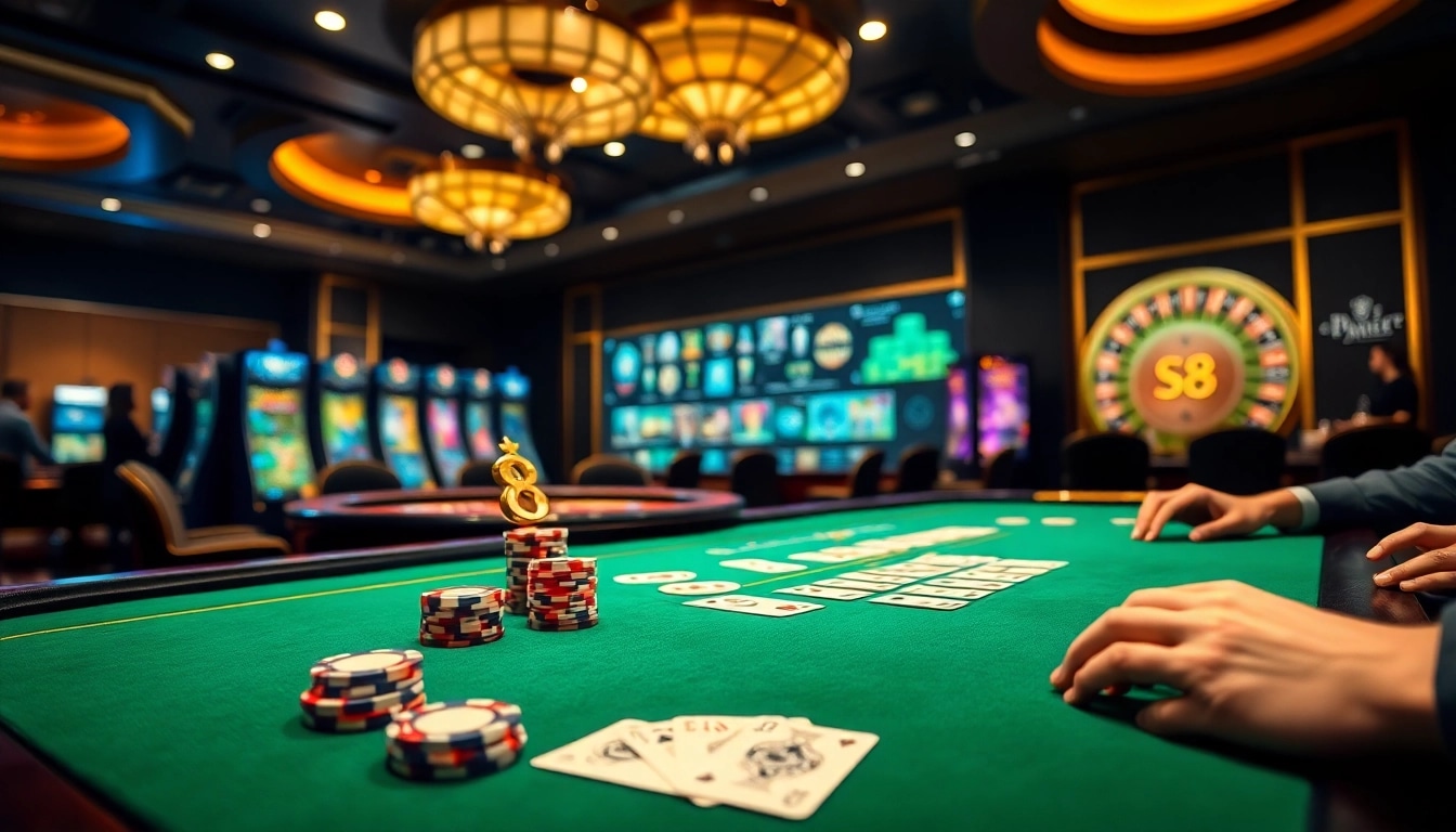 S8 players engaging in high-stakes casino games at luxurious tables with vibrant poker chips.