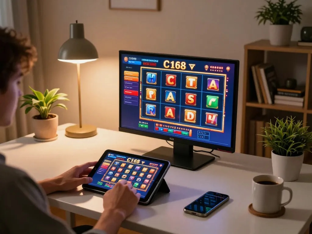 C168 online casino gaming, player engaged with vibrant slot game on tablet at stylish home desk.