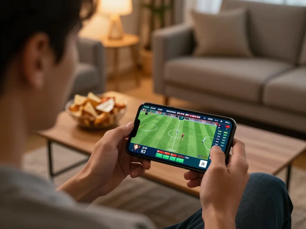 78WIN player engaged in mobile sports betting, viewing latest game action on smartphone in a cozy setting.