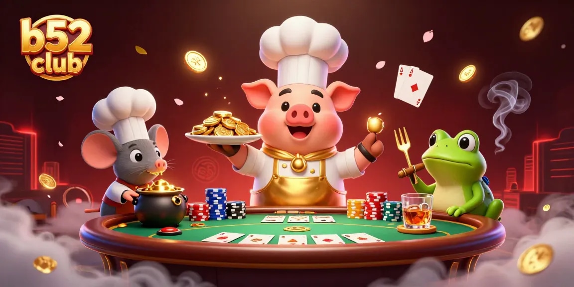 Enjoy a thrilling b52 club experience as the chef pig serves gold coins surrounded by vibrant poker elements.