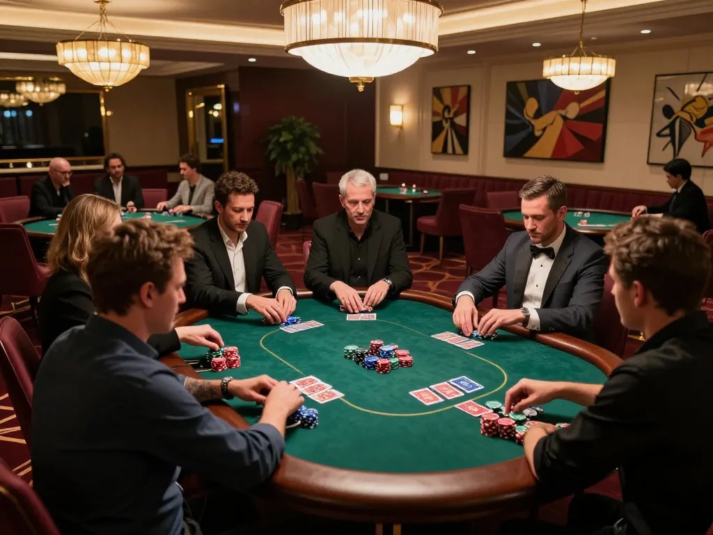 Watch ta88 players calculate their bets in an upscale casino gaming room.