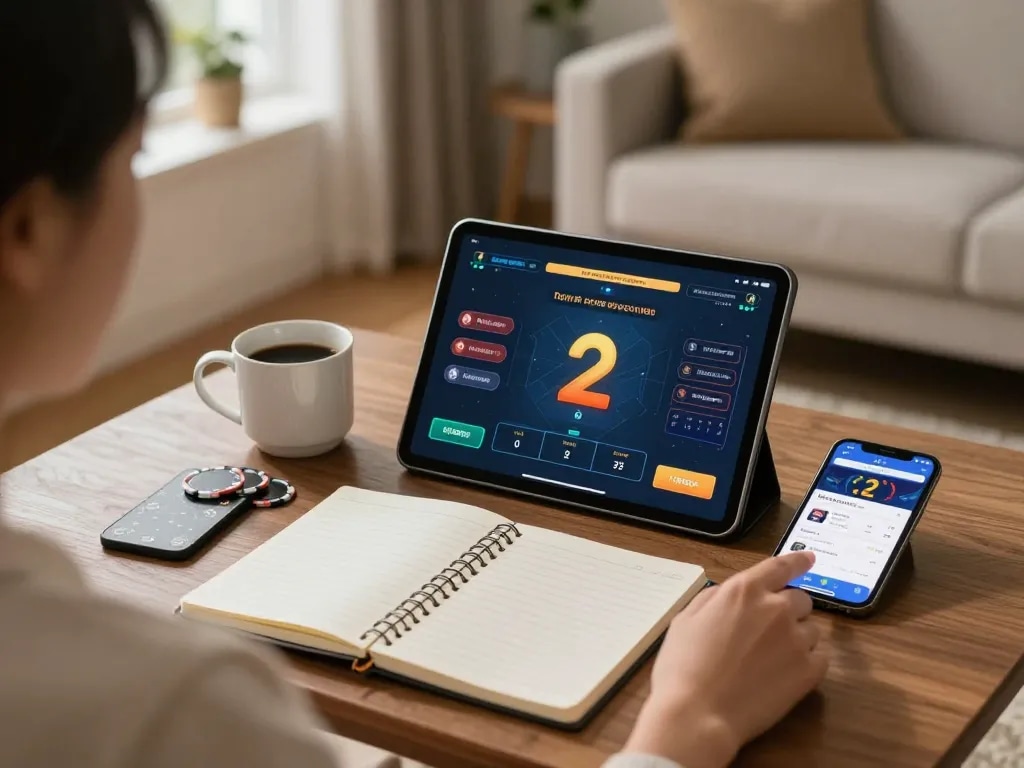 I9BET online gaming strategy session at home, showing a person engaged in live casino gameplay with a notebook on strategies.