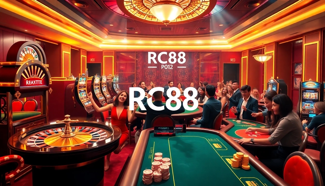RC88 enhances the thrill of gambling with an exciting casino scene featuring vibrant games and joyful players.
