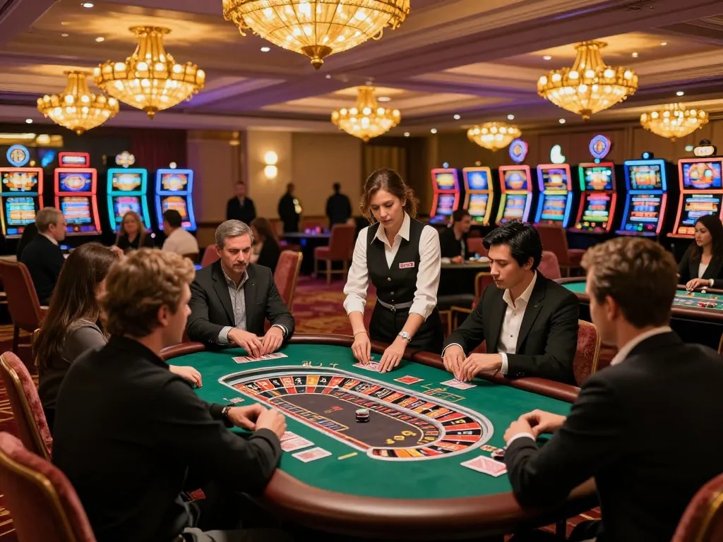 56WIN players engaged in roulette action amidst a luxurious casino setting.