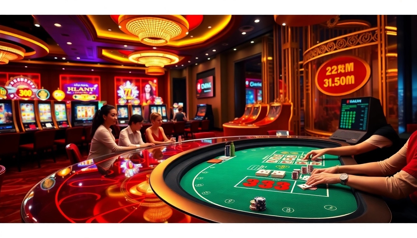 Experience the excitement of Nhà cái xin88 with an interactive casino scene showcasing vibrant slot machines and intense poker action.
