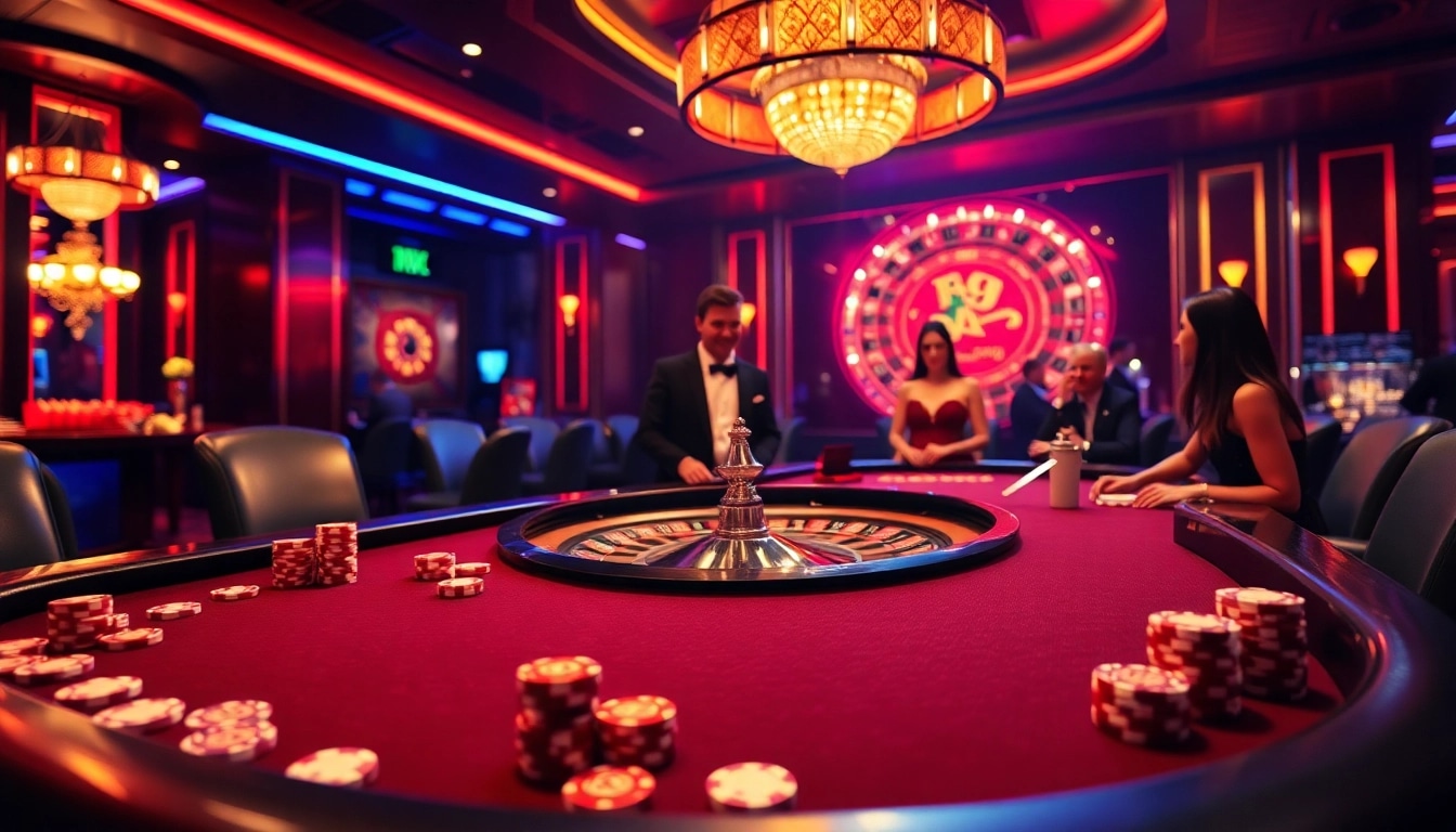 S8 gaming table in a vibrant casino setting with stylish poker chips and bright neon lights.