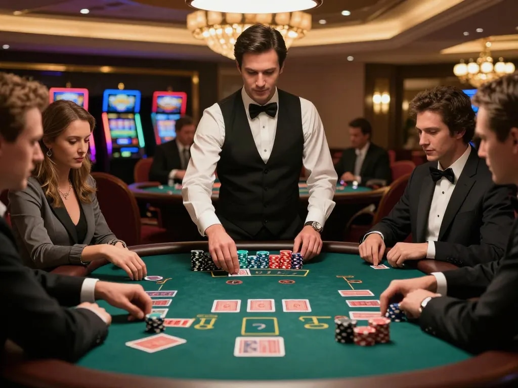 Players strategizing at MB66 blackjack table with vibrant chips and cards, showcasing a thrilling casino moment