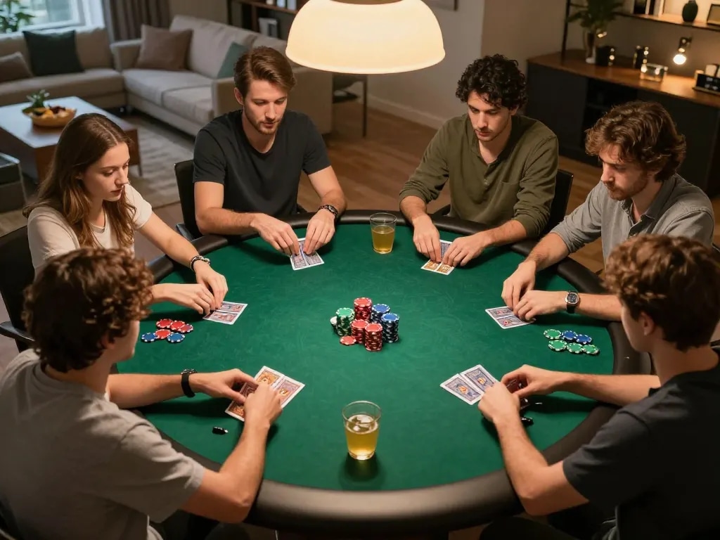 Players engaging in a high-stakes poker game at home, showcasing strategy and excitement in mb66 gaming session.