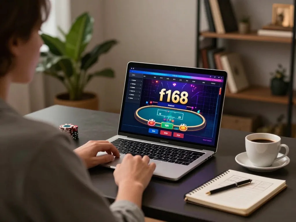 Engaging in online poker at f168 with a laptop and strategy notes in a cozy setting.