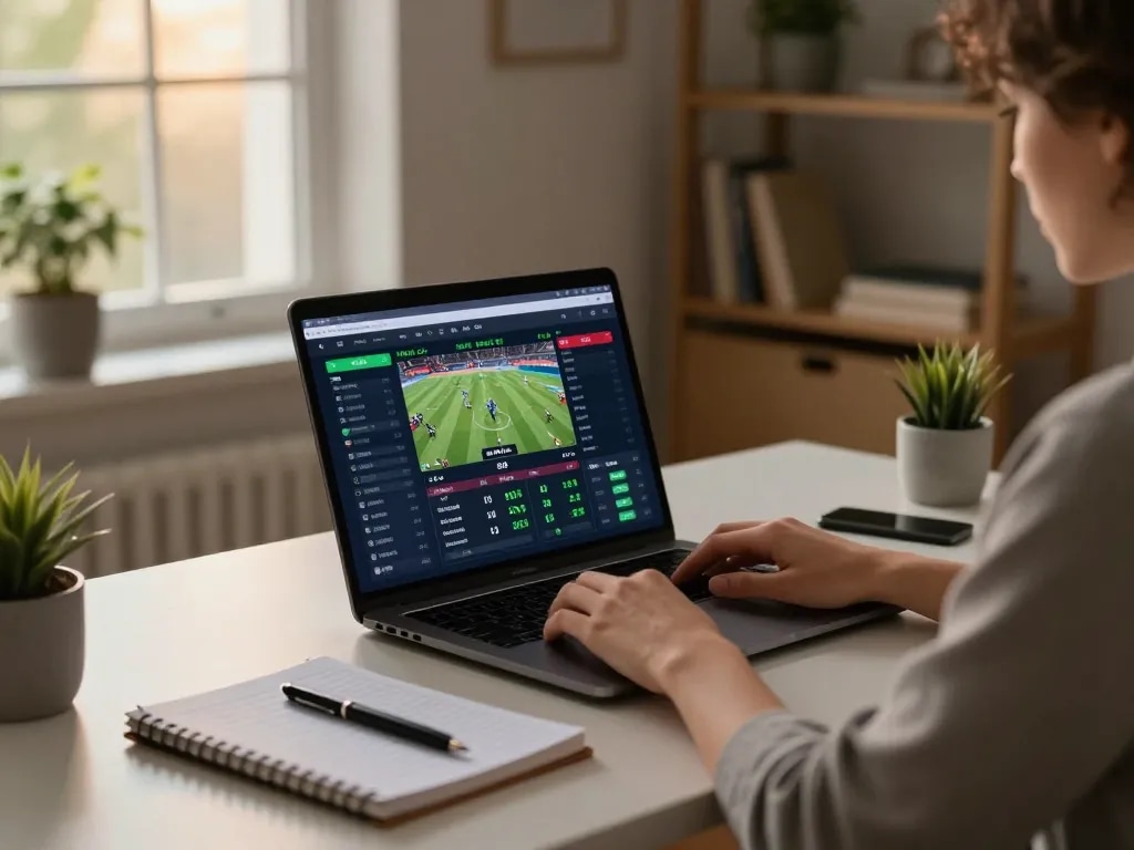 Kèo Nhà Cái live betting interface displayed on a laptop in a cozy home office setting.