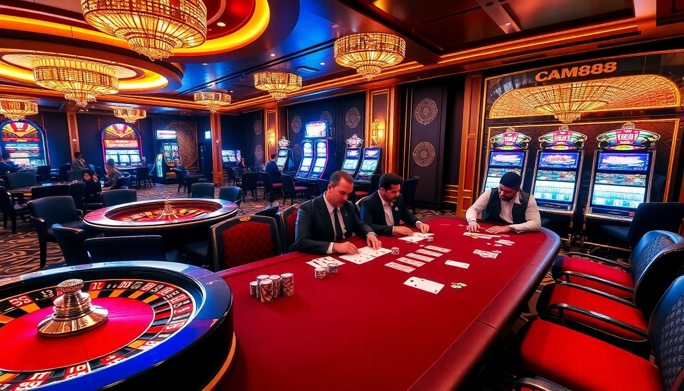 Players are engaging in a high-stakes poker game at CM88 Casino, surrounded by roulette and slot machines.