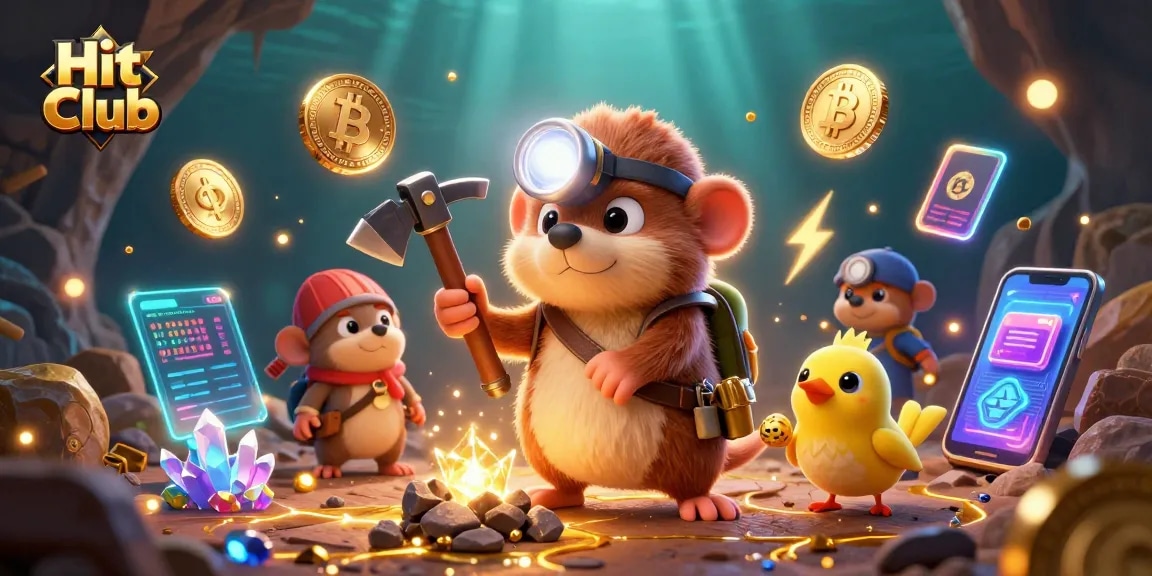 Hit Club players winning big in a vibrant casino scene with glowing coins and jackpot elements.