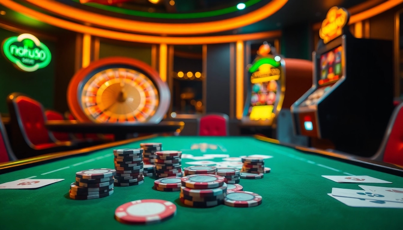 Experience a thrilling game at nohu90 with vibrant casino visuals featuring poker chips and spinning roulette.