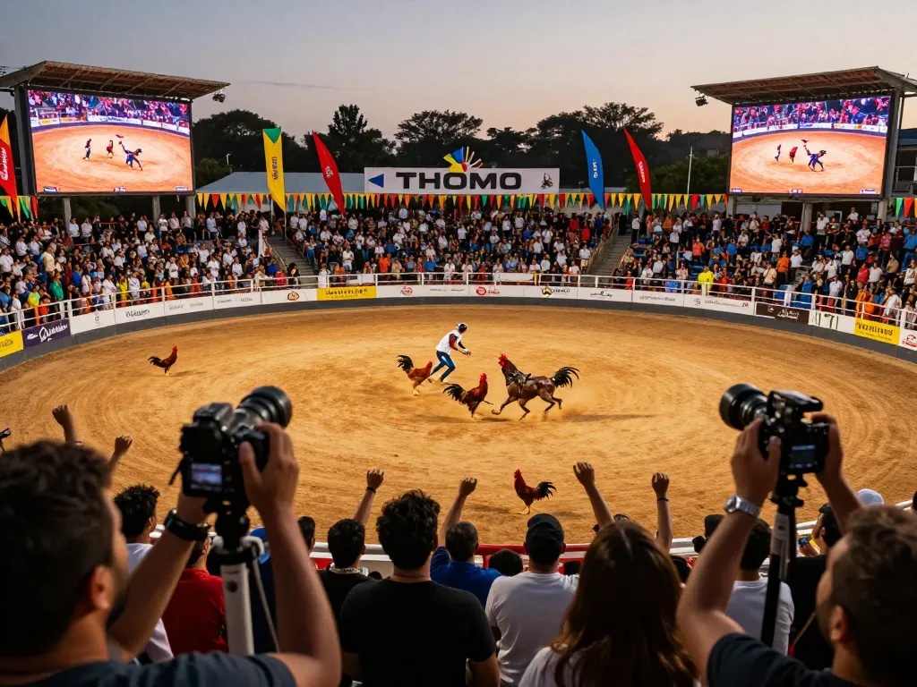 Exciting live đá gà thomo match showcasing intense rooster fights and enthusiastic crowd.