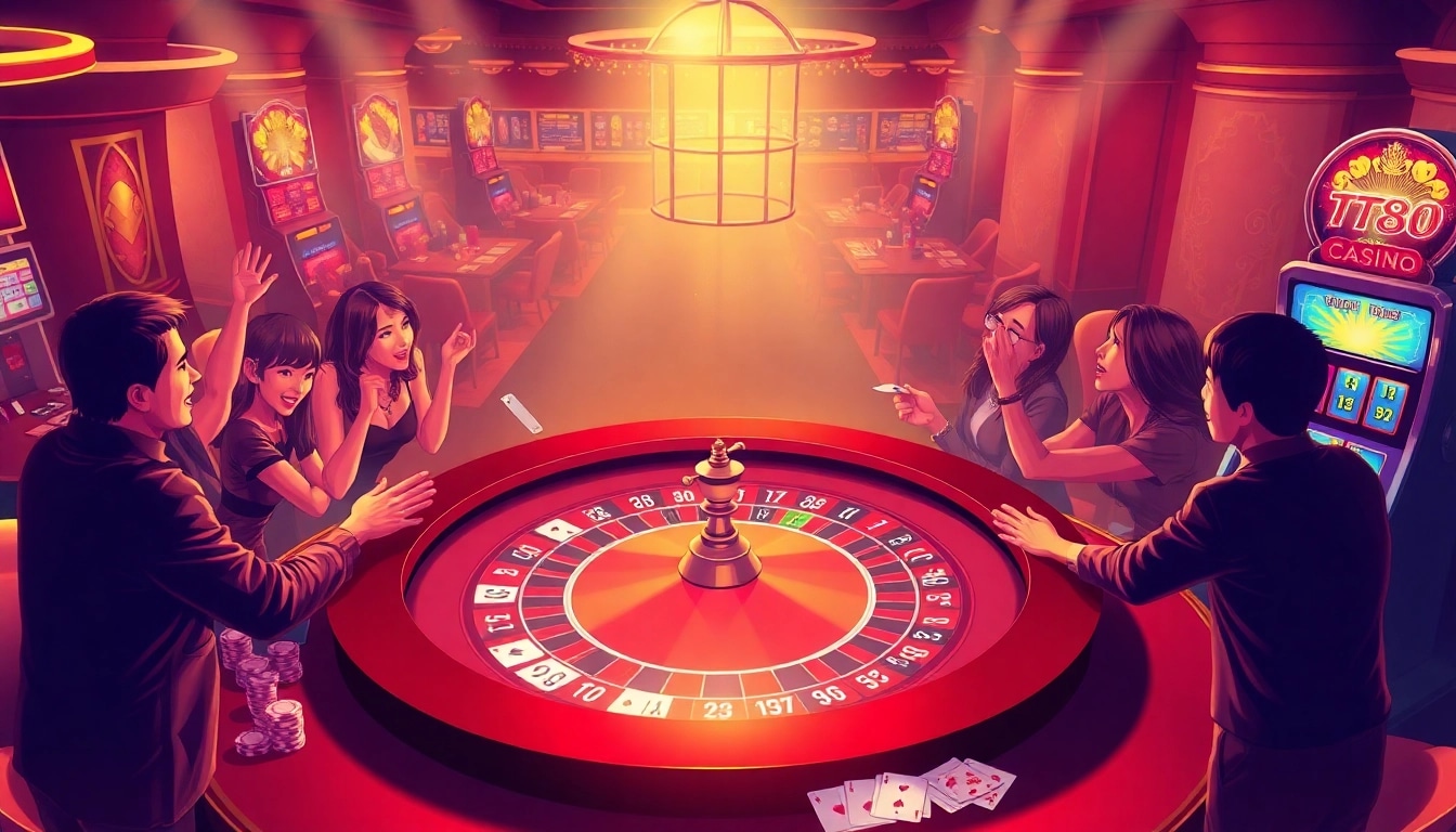 Capture the thrill of winning at TT88's vibrant casino, featuring roulette tables and poker chips.