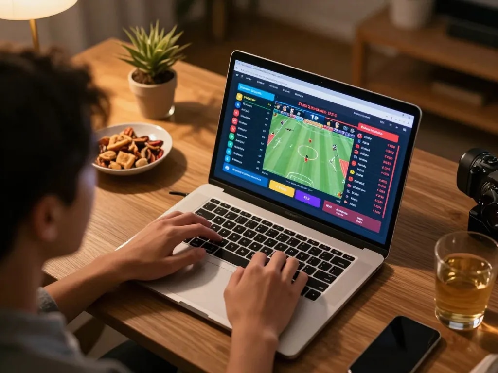 Player analyzing sports odds on 99OK laptop, surrounded by snacks and drinks.