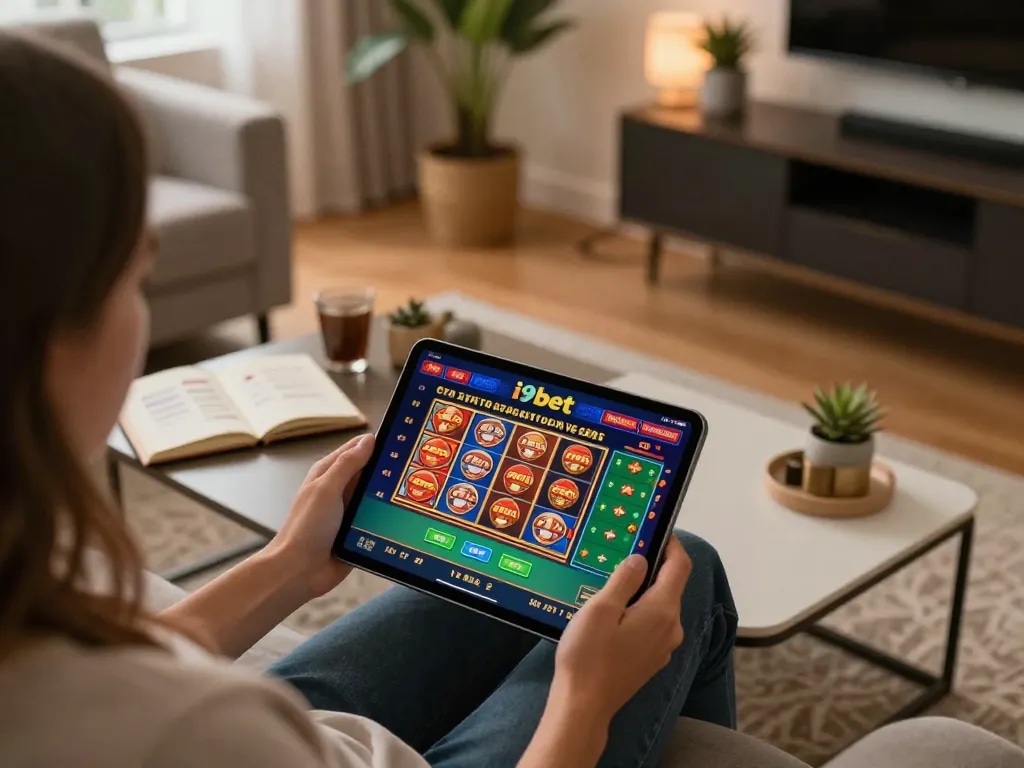 Playing slot games on i9bet casino app on a tablet in a cozy home setting