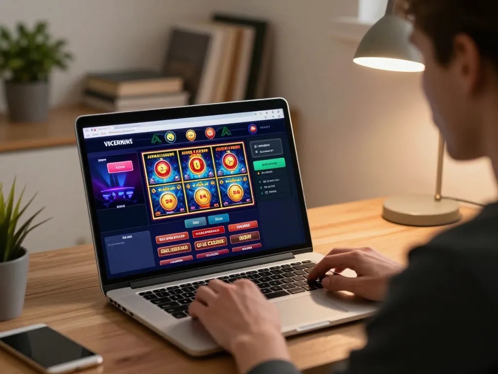 F168 online gaming experience on a laptop with vibrant games in a cozy home office.