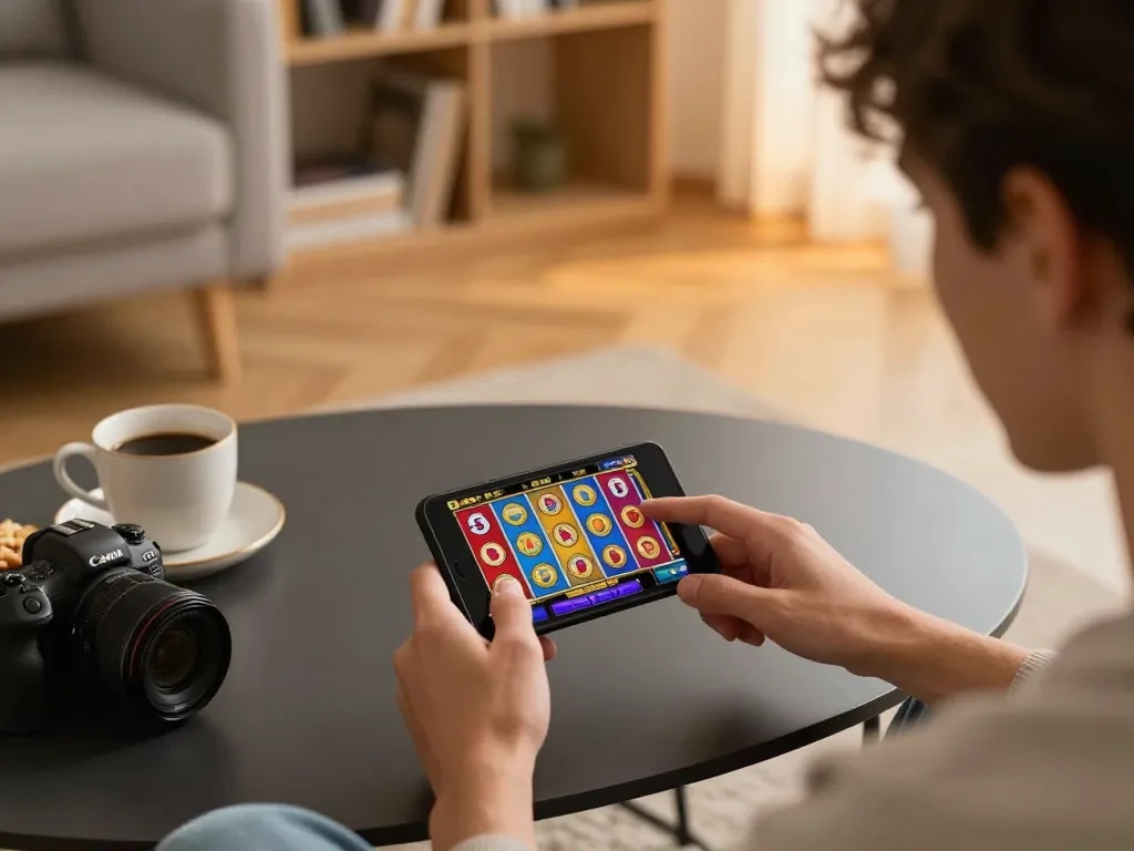 Red88 player spinning reels on a mobile slot game, inviting atmosphere with snacks and cozy decor.