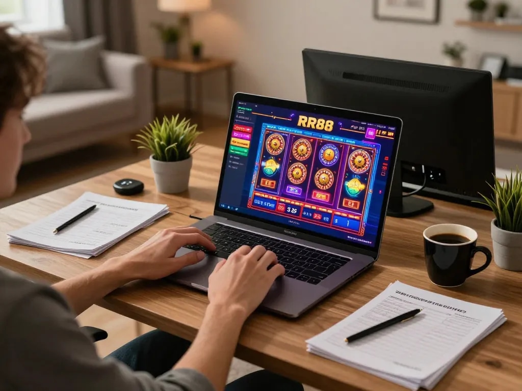 Engaging with RR88 online casino interface at home, showcasing exciting gambling experience.