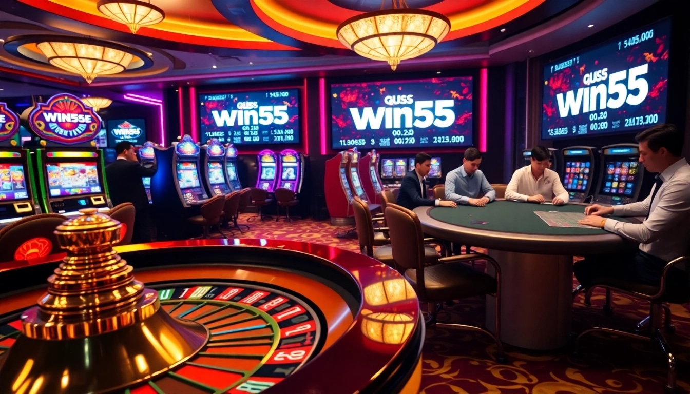 Win55's exciting casino scene showcasing modern slots and high-stakes poker games for an immersive experience.
