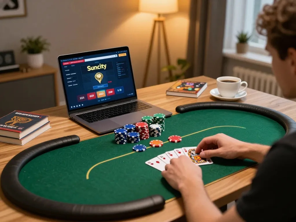 Engaging with online poker on https://suncity.global/ in a stylish home office.